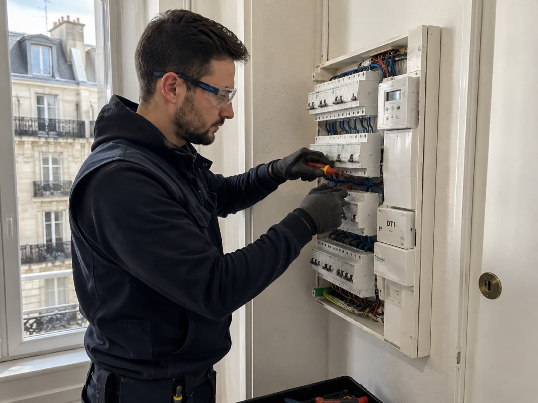 Électricien intervenant sur un tableau électrique à Paris